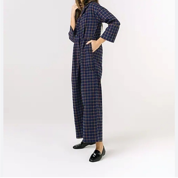 PEARL Lela Rose Navy Blue Checkered Plaid Long Sleeve Collared Minimal Jumpsuit - Picture 1 of 13